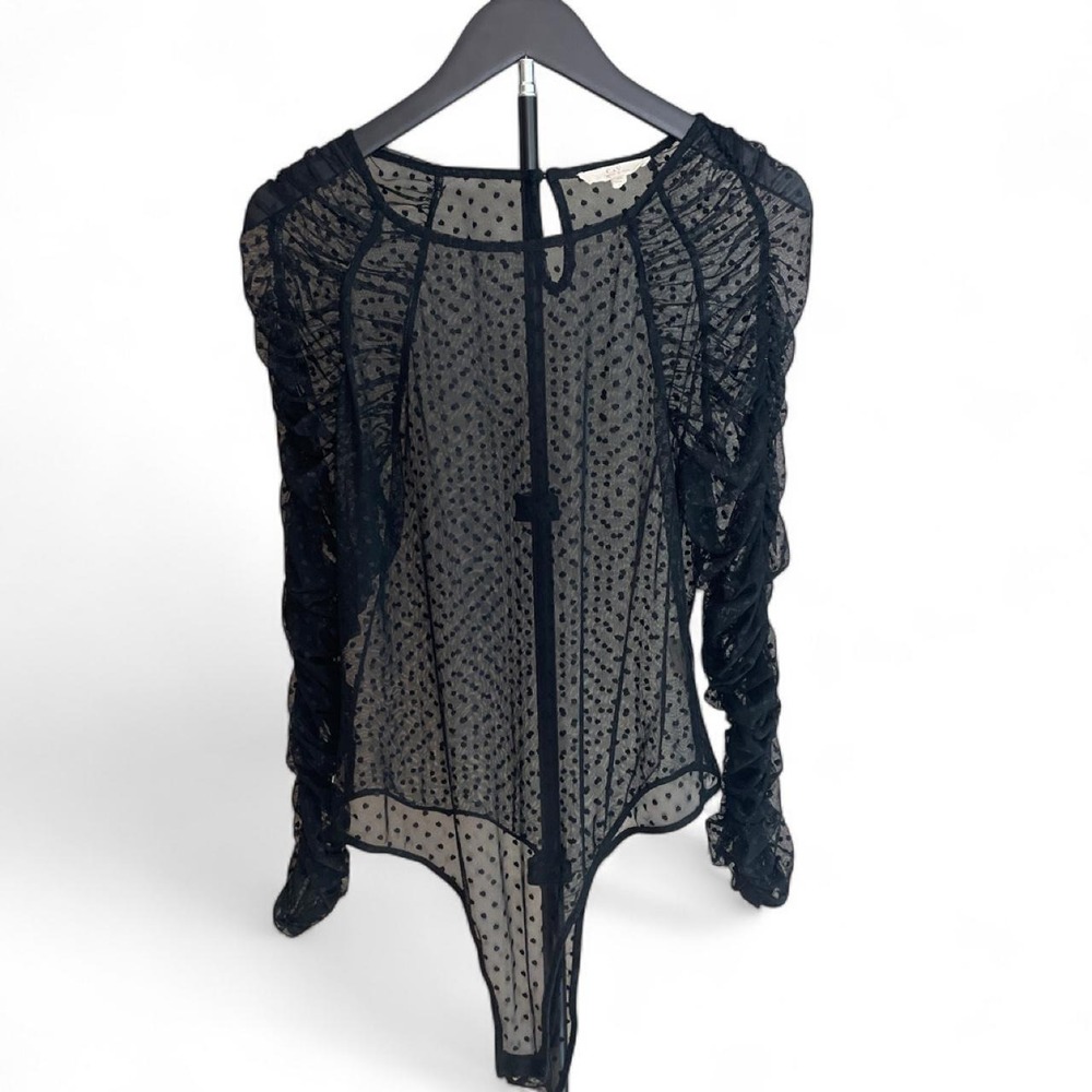 Chelsea & Violet Black Sheer Mesh Polka Dot Bodysuit | XL | Coquette Goth Party